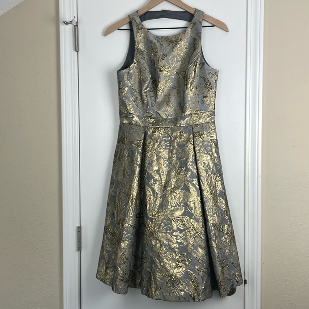 Metallic Floral Jacquard Fit-and-Flare Dress